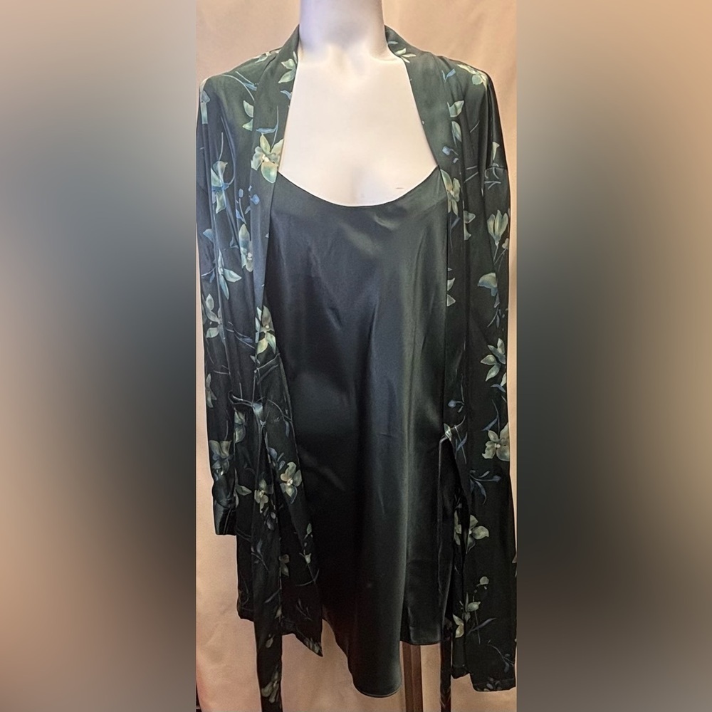 Vintage Jones New York Dark Green Satin Slip Nightgown and Floral Robe Large